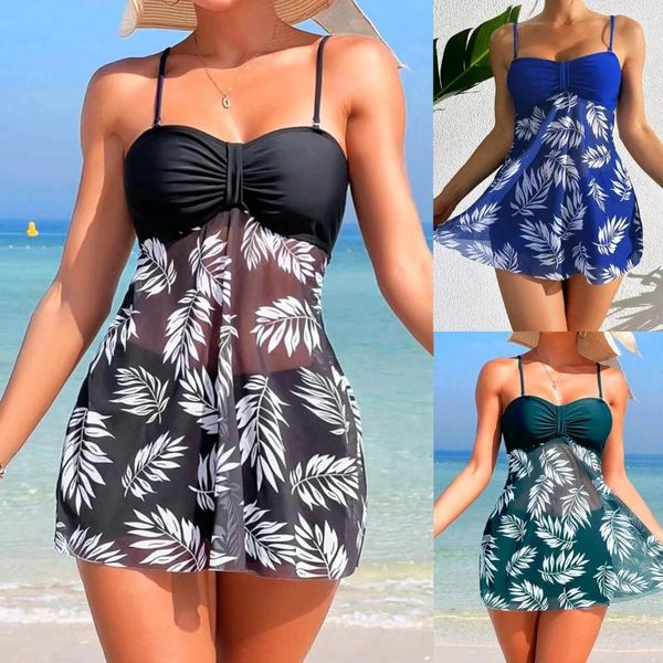 Ropa en el hogar 2024 Vestido corto Tankini con pantalones cortos Swimsuit Women Swimwear traje de baño de baño estampado acolchado