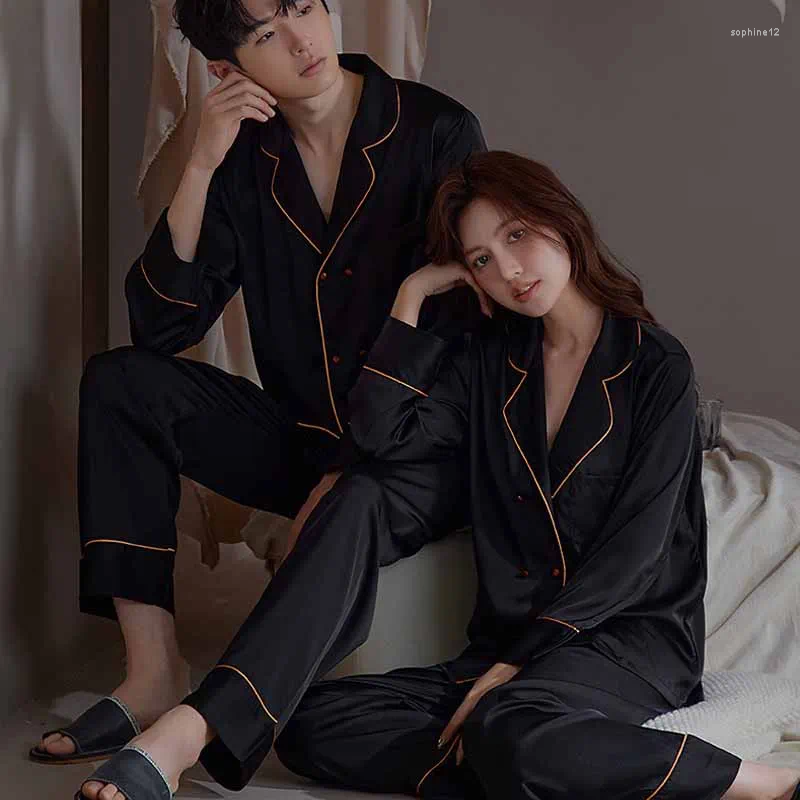 Home Clothing 2024 Spring Couple Pajamas Women's Sexy Satin Sleepwear Set Loose Casual Men Nightwear Long Sleeved Clothes Loungewear