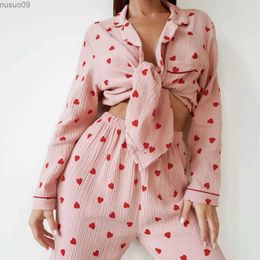 Vêtements à domicile 2024 Pajamas de printemps Femmes 100% coton Pyjamas pantalons lâches Saint Valentin Love Two Piece Set Womens Home Furniture Setl2403