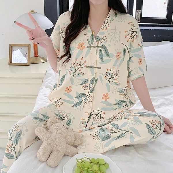 Accueil Vêtements 2024 Printemps Manches Courtes Pantalons Longs Coton Imprimé Pyjama Ensemble Pour Femmes Mignon V-cou Vêtements De Nuit Pyjama Homewear Pijama Mujer