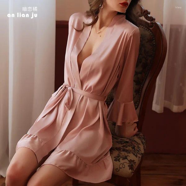 Ropa en el hogar 2024 Spring Summer Homewear Solid Satin Satin Vestido de novia de novia Kimono Women Rayón Silk Raywear Nightwown Sexy Nightwear