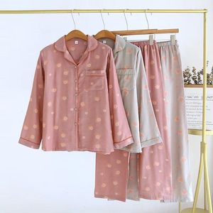 Vêtements à domicile 2024 Spring / été pour femmes Pyjama Set Cotton Crepe Long Sleeve Two Piece mignon Sweet Plus Size Fury Slembear