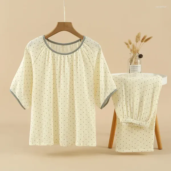 Pyjama en crêpe de coton pour femmes, ensemble deux pièces, manches courtes, pantalon Long, fin, impression minimaliste, vêtements pour la maison, printemps/été, 2024