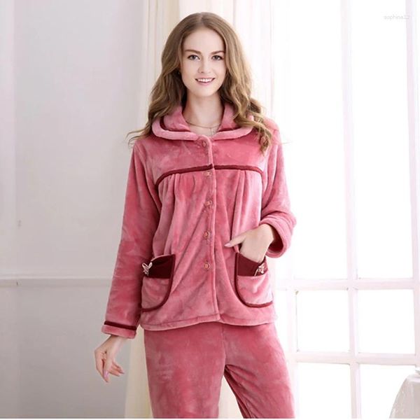 Vêtements à domicile 2024 femmes Coral Velvet Sleepwear Set Poches Flannel Pyjamas Femme Femelle chaude à manches longues Rose