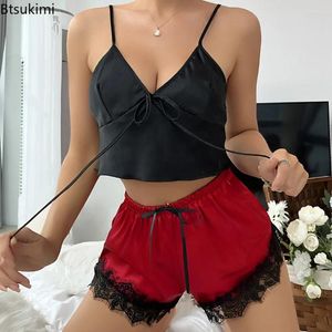 Home Vêtements 2024 Femme Sexy Sexy Satin Pijamas Set Nighty Slips Sans manches Cami Top and Shorts Sleepwear Sets Female Nightswear