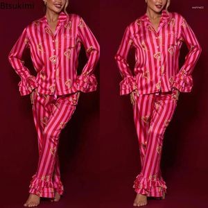 Vêtements à domicile 2024women's Stripe Ruffled Fared Pyjamas Set Bouton Graphic Down Long Manchet Shirt Straight Mand Pants Lounge