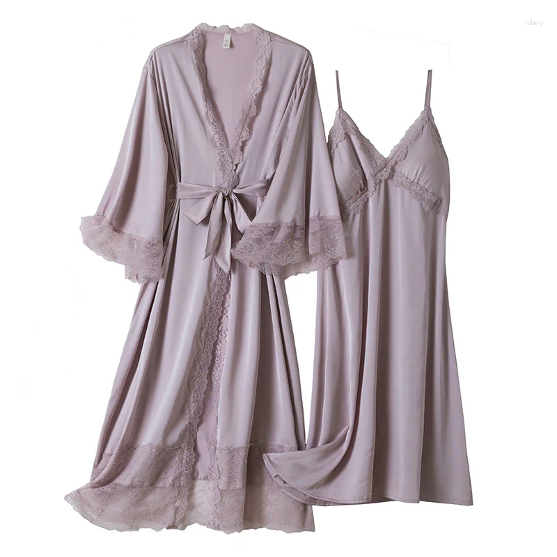 Home Clothing 2pcs Nighty Robe Set Women Bathrobe Gown Sexy Lace Hollow Nightgown Sleepwear Loungewear Silky Satin Kimono Homewear