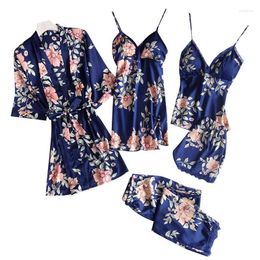 Accueil Vêtements 3/4/5 Pièces Ensemble Femmes Pyjamas Satin Vêtements De Nuit Pijama Vêtements En Soie Broderie Sommeil Salon Pyjama Pyjamas Grande Taille