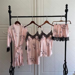 Accueil vêtements 4 pièces vêtements de nuit femmes pyjamas ensemble Kimono peignoir robe doux vêtements de nuit intime Lingerie pyjamas lâche chemise de nuit vêtements