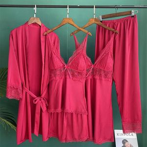 Ropa en el hogar 5 piezas de ropa de dormir Juego de ropa de dormir Borgoña Burra de boda Satin Camiseta Sexy Lace Kimono Batina de baño Nightwear