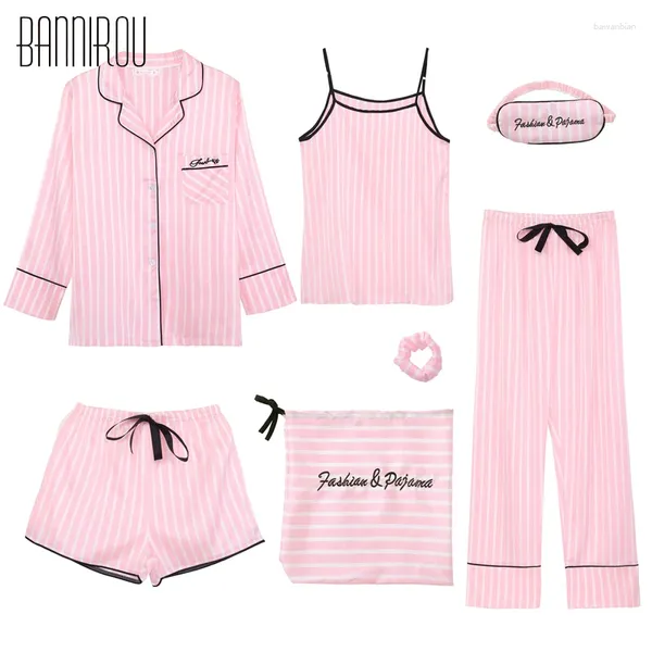 Vêtements à la maison 7 pièces à rayures Pyjama Set Silk Pink Full Shorts Spaghetti Strap Suit Summer Summer Automne d'hiver Femme Belle Pyjama
