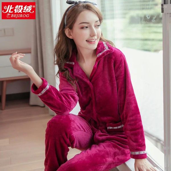 Ropa para el hogar Adulto Flanela Anelas Pajamas Invierno Coral Fleebe Sleepwear Bride Red Cardigan Plus Tamaño de manga larga Delinabarra D-2149