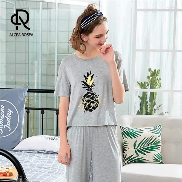 Ropa para el hogar Alcea Rosea Mujeres encantadoras 2 piezas Pajamas Camiseta de impresión de piña