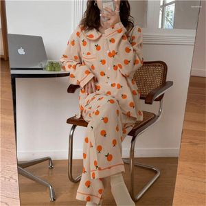 Vêtements maison Alien Kitty Coton Oranges imprimées Vêtements de sommeil Loose Chic Casual Eleby 2024 Femme Automne Mains Habots Full Full Suisses Pajama