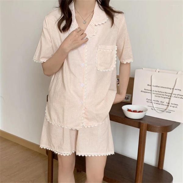 Vêtements à domicile Alien Kitty Femme Soft Sweet Nightwear Femmes Coton Pyjamas 2024 Fashion Summer Plaid Casual Chic Two Piece Suit Suit