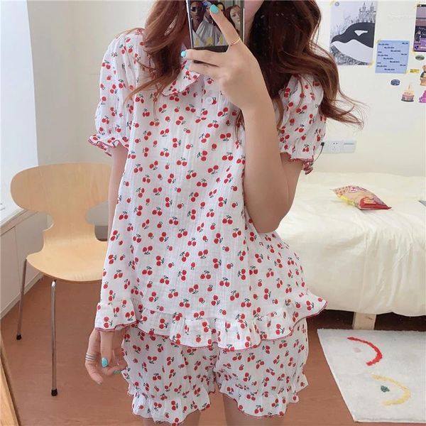 Vêtements à domicile Alien Kitty Summer Cotton Pyjamas Cherry Print Two Piece Costumes 2024 Élégants vêtements de nuit Femme Femme chic Ensembles