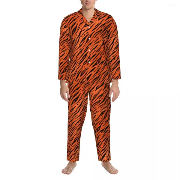 Ropa de casa Pijamas con estampado de animales para hombre, ropa de dormir de noche romántica con tiras de tigre naranja, traje Vintage de 2 piezas con estampado de gran tamaño