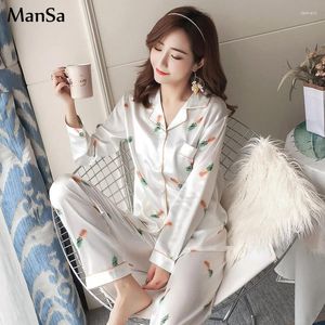 Ropa en el hogar otoño elegante mujer pijama manga larga sexy seda pijama set lounge pijama mujer satin estampado sleepwear blancos