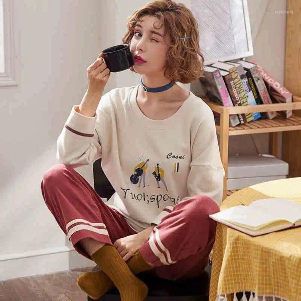 Ropa en el hogar Autumn Sleepwear Mujeres Pajamas de dibujos animados Adultos Homewear Home manga de manga larga sets Pijama Mujer