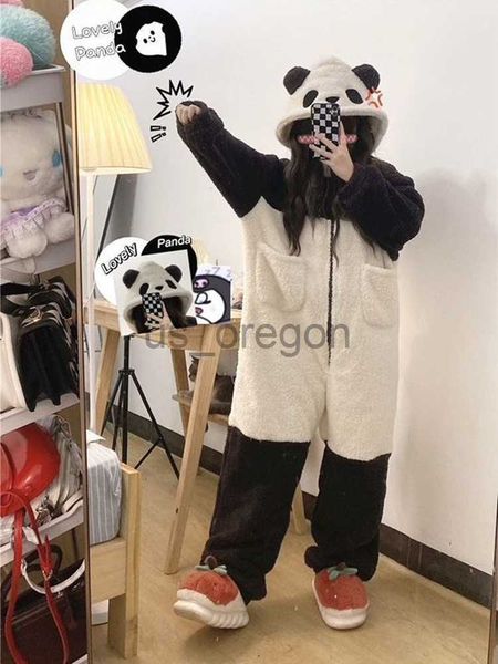 Vêtements pour la maison Automne Hiver Sweety Princesse Coral Fleece Chemise de nuit Kawaii Dessin animé Panda à capuche Mignon Garder au chaud Pyjamas à fermeture éclair Combinaisons x0902