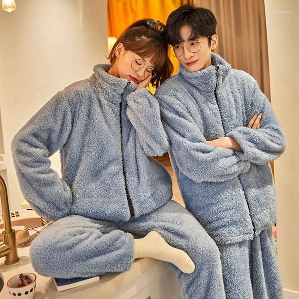 Accueil Vêtements Automne Hiver Chaud Flanelle Fermeture Éclair Couple Pyjamas Ensemble Femmes Vêtements De Nuit Famille Pijama Amant Homewear Tissu Casual Hommes Pyjamas