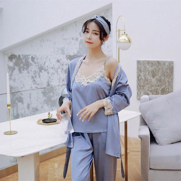 Ropa en el hogar Gran tamaño Damas Deep Pajama Set de pajas de cuello en v Camisa de baño Sexy Women Sleepwear Wear Red Autumn Nightwear Blue Pink Gray