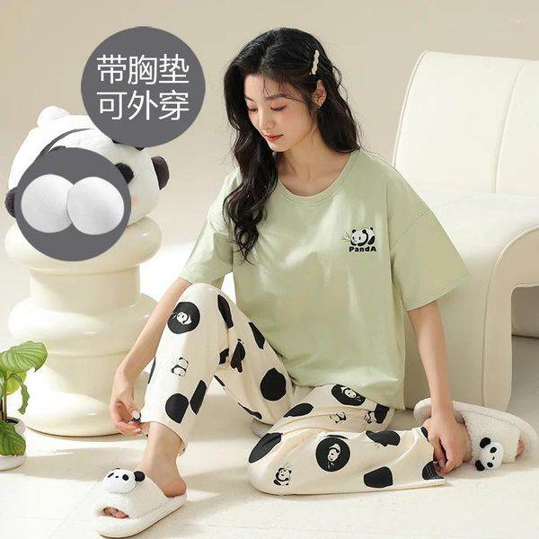 Vêtements à la maison grande taille M-2xl Summer Short Top Long Pantalons Sleepwear Femmes Carton Carton Cutoon tricoté Pajamas en coton avec poitrine