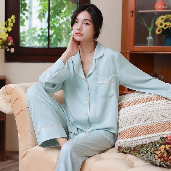 Ropa en el hogar Blue Faux Silk 2pcs Pajamas Suit Women's Loose Wear Spring Autumn Casual Sleepwear Full manga Camiseta Houndstooth Nightwear