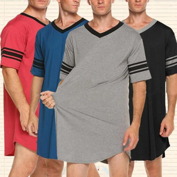 Accueil Vêtements Breffable Men Top Summer V Neck Imprimé rayé Vêtements de couchage tendance Couleur de contraste T-shirt Vêtements masculins