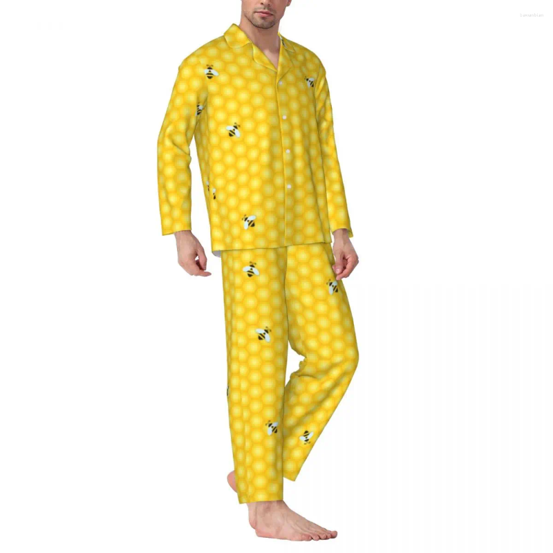 Hemkläder Bumble Bees Pyjamas Men Yellow Honeycomb Lovely Night Sleepwear Autumn 2 Pieces Loose Overdimensionerad anpassad kostym