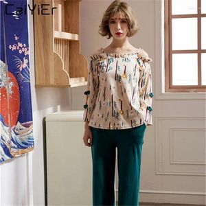 Thuis kleding Caiyier lange mouwen tops katoenen vrouwen pyjama sets herfst bloemenpatroon pyjamas zoete meid sexy lounge slaapkleding pak