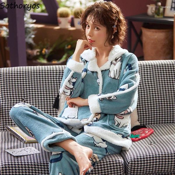 Ropa para el hogar Cartoon Flannel grueso Pajama cálido Sets Women Lovely Sweet Girls Tun-Down Pockets Aflow Soft Soft Cozy Fluffy Nightwear