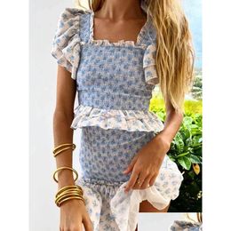 Home Kleding Casual Jurken Boho Geïnspireerd Blauw Bloemenprint Dres Gesmokt Y-feest Ruffled Sleeve Summer Sweat Dames 230421 Drop Del Dh8Cb