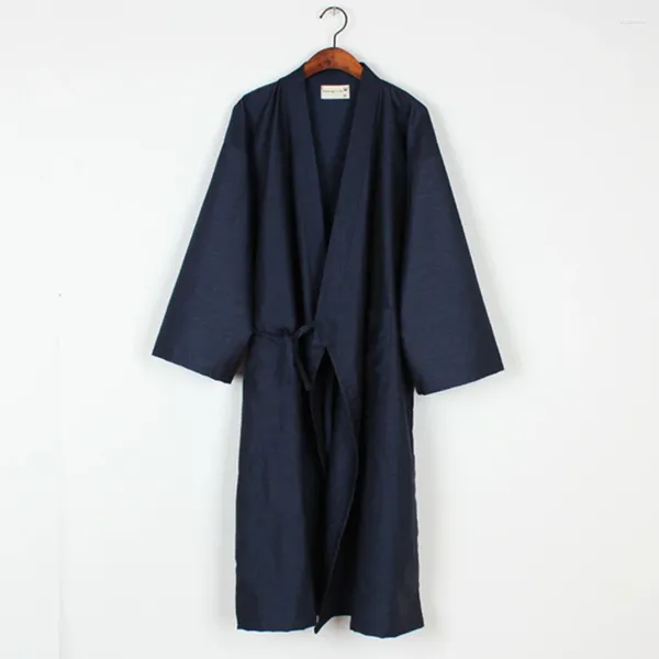 Accueil Vêtements décontractés Style japonais Kimono Robe Couleur solide Lace Up Long Bathrobe Pajamas Belt Cotton Pijama Robes