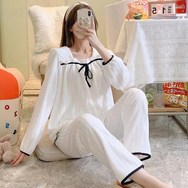 Ropa casera casual ropa de sueño para mujeres set de pijama 2024 ropa de salón 2 piezas de franela pjs traje de invierno pijamas ropa blanca