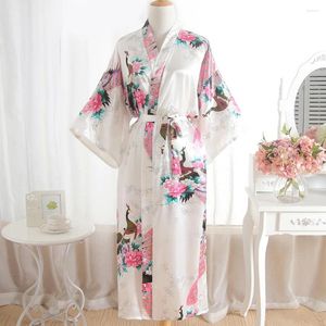 Accueil Vêtements Causal Robe de mariée d'été pour femme Blanc imprimé paon long kimono peignoir robe vêtements de nuit sexy lingerie intime