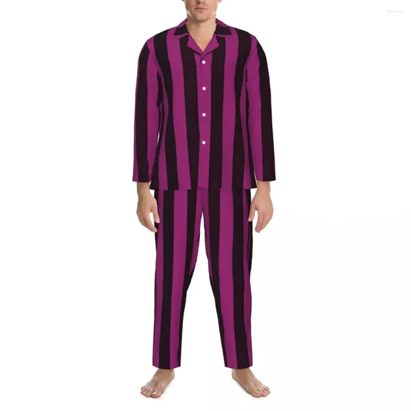 Accueil Vêtements Pyjamas Rayés Rose Cerise Hommes Rayures Verticales Confortable Chambre Vêtements De Nuit Printemps 2 Pièces Ensembles De Pyjama Surdimensionnés Décontractés