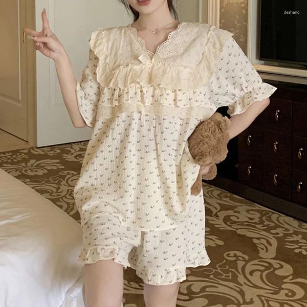 Accueil Vêtements Cherry Print Sweet Cotton Coton Soft Soft Souche Pyjama d'été Set Femmes Real Images Lace Lace Lace Korean Holiday Style Sleeping