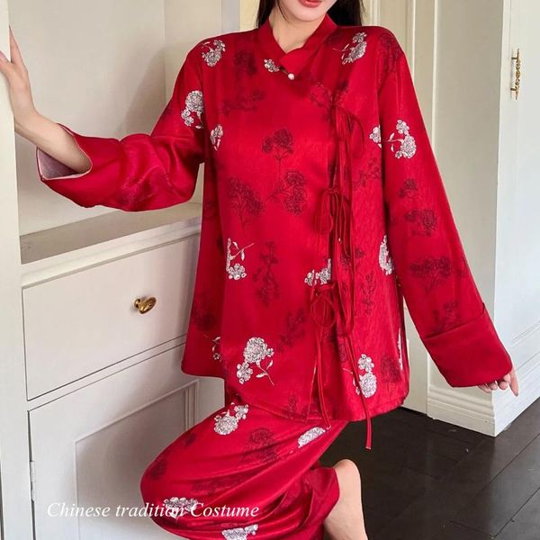 Accueil Vêtements Ensemble de pyjamas de style chinois Satin Jacquard Vêtements de nuit Lâche Toppants Pijamas Femmes Vêtements de nuit À manches longues Pantalon Costumes Homewear