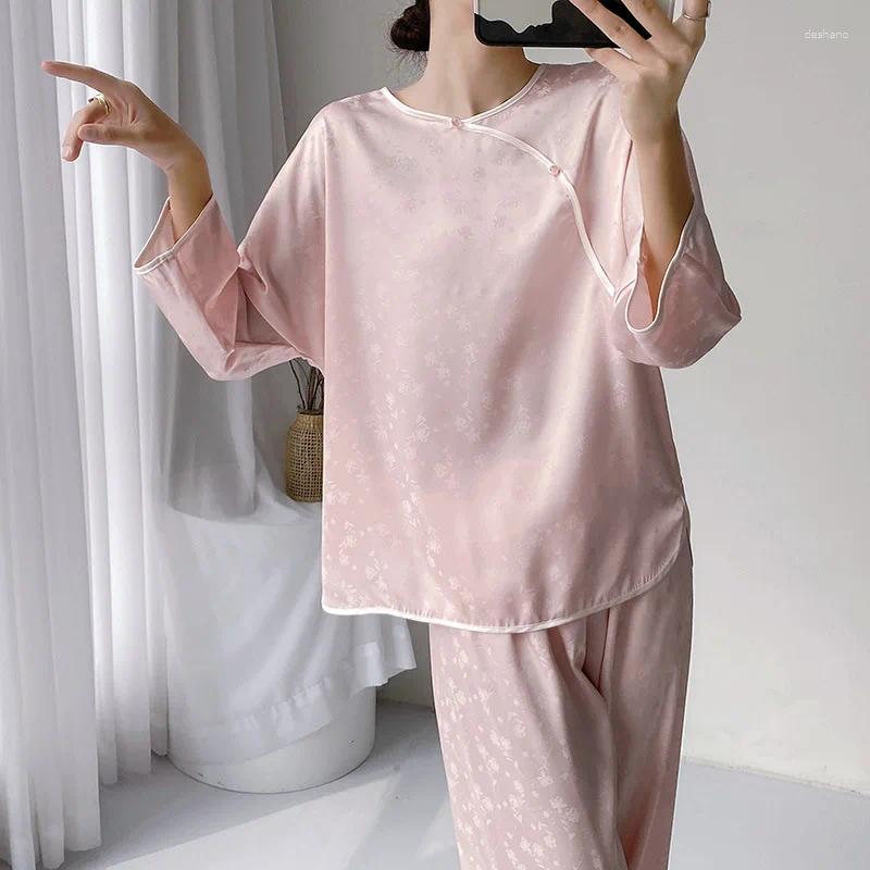 Roupas domésticas estilo pijamas chinesa mulheres calças de primavera de verão