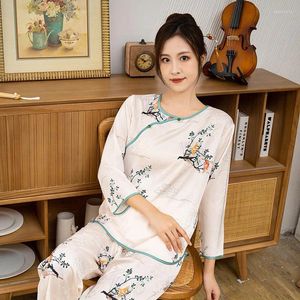 Home Kleding Chinese stijl Vrouwen pyjama ronde nek satijnen nachtkleding