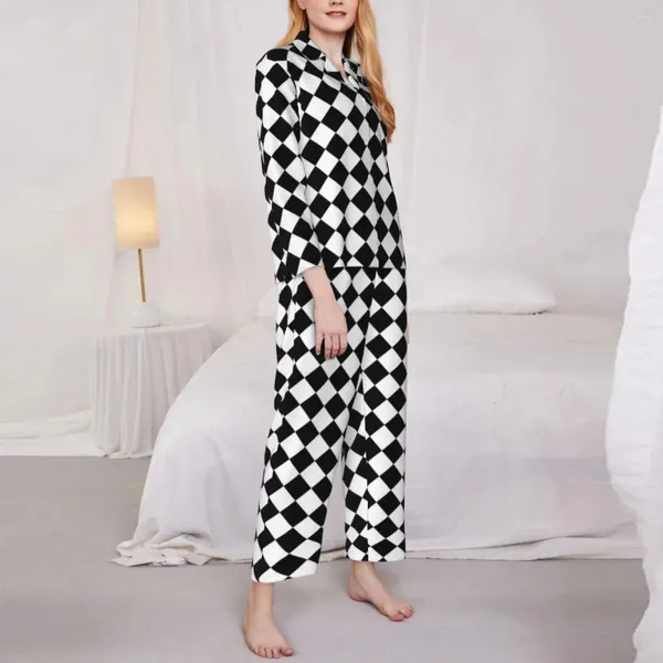 Ropa para el hogar Classic Bocherboard Pajama Sets Spring Black and White Sleep Rewear Sleepwear Femenino Dos piezas Casco suelto Custom Nightwear