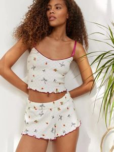 Thuiskleding Combhasaki Dames 2-delige gegolfde trim Pyjama Set Mouwloze V-Neck Floral Bow Print Cami Tops Casual Shorts Sleepwear Sets