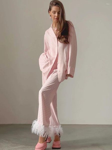 Accueil Vêtements Combhasaki Pyjama 2 pièces pour femme Ensemble de sous-vêtements à carreaux Col rabattu Manches longues Chemises à boutons Pantalons à plumes Costumes de salon