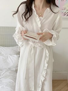 Thuis Kleding Katoenen Badjas Vrouwen Ruches Lange Mouw Koreaanse Zoete Kimono Gewaad Elegante Spa Dame Lente Herfst Kamerjas Pyjama