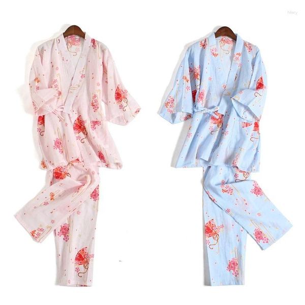 Ropa casera pijama de algodón bola de flores bola de flores kimono pijama set de verano pantalones de traje de dormir otoño de otoño ropa tradicional japonesa
