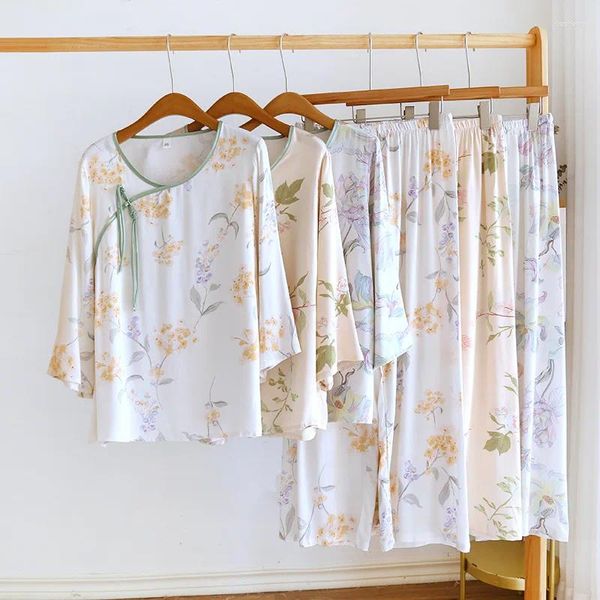 Ropa de casa, pijama de viscosa de algodón, traje de mujer para primavera y verano, conjunto abotonada de estilo chino, pijama con estampado Floral para mujer