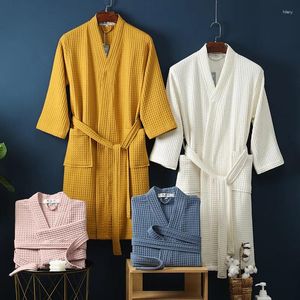 Robe de chambre en coton gaufré pour femmes, vêtements de maison, manches longues, Kimono solide avec ceintures, peignoir pour femmes, printemps automne