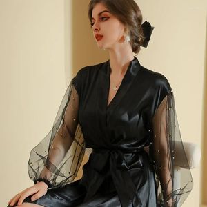 Accueil Vêtements transfrontaliers Morning Robe femme Perle Mesh Long Nightgown Wedding Makeup Bridesmaid Group Kimono Silk Bathrobe