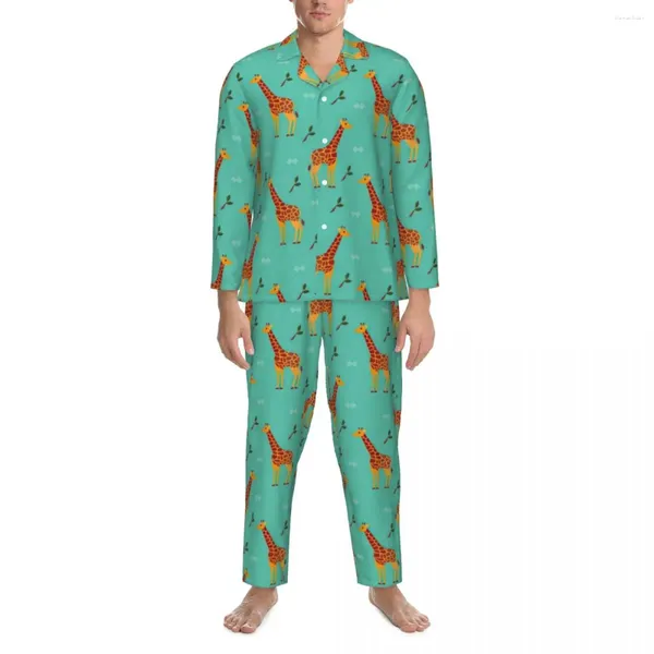 Accueil Vêtements Mignon Girafe Pyjamas Ensemble Automne Afrique Imprimé Animal Mode Chambre Vêtements De Nuit Homme 2 Pièces Décontracté Surdimensionné Design Costume Cadeau